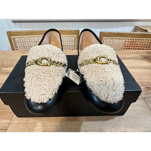 Coach Helena C Chain Loafers Leather & Shearling Black Cream Gold Size 6.5 NIB - Picture 5 of 15
